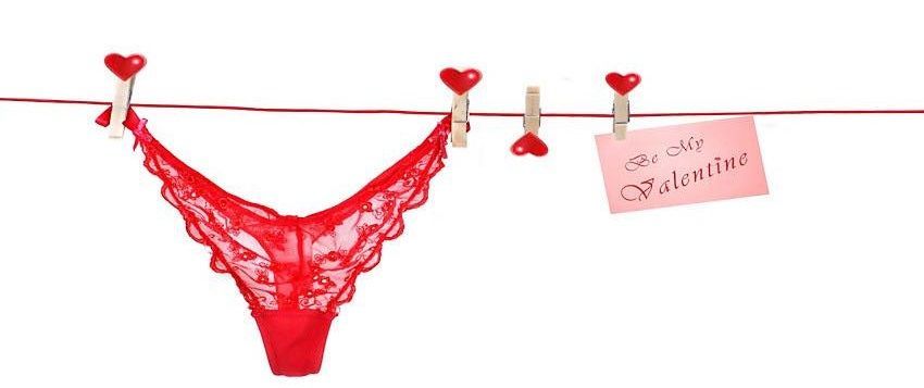 A red thong is hanging on a clothes line with a card that says be my valentine.