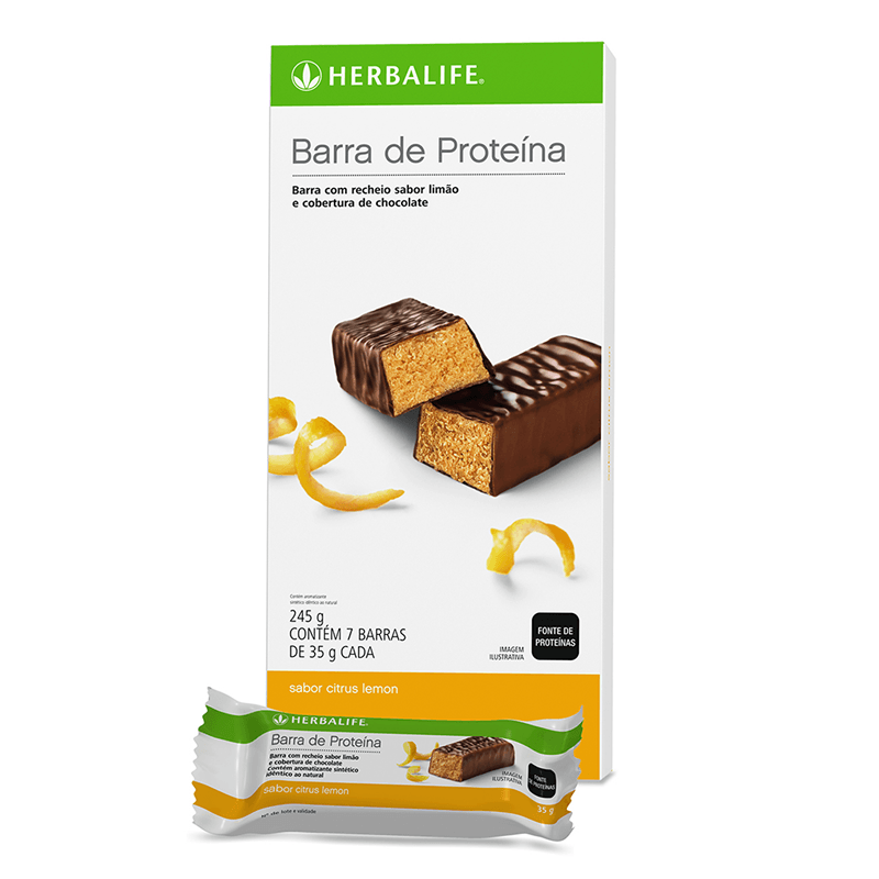 A box of herbalife barra de proteina with a bar cut in half