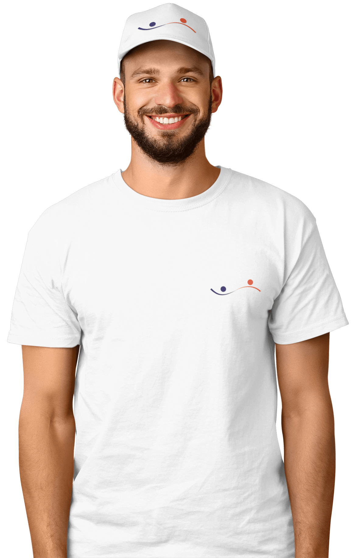 A man with a beard is wearing a white t-shirt and a white hat.