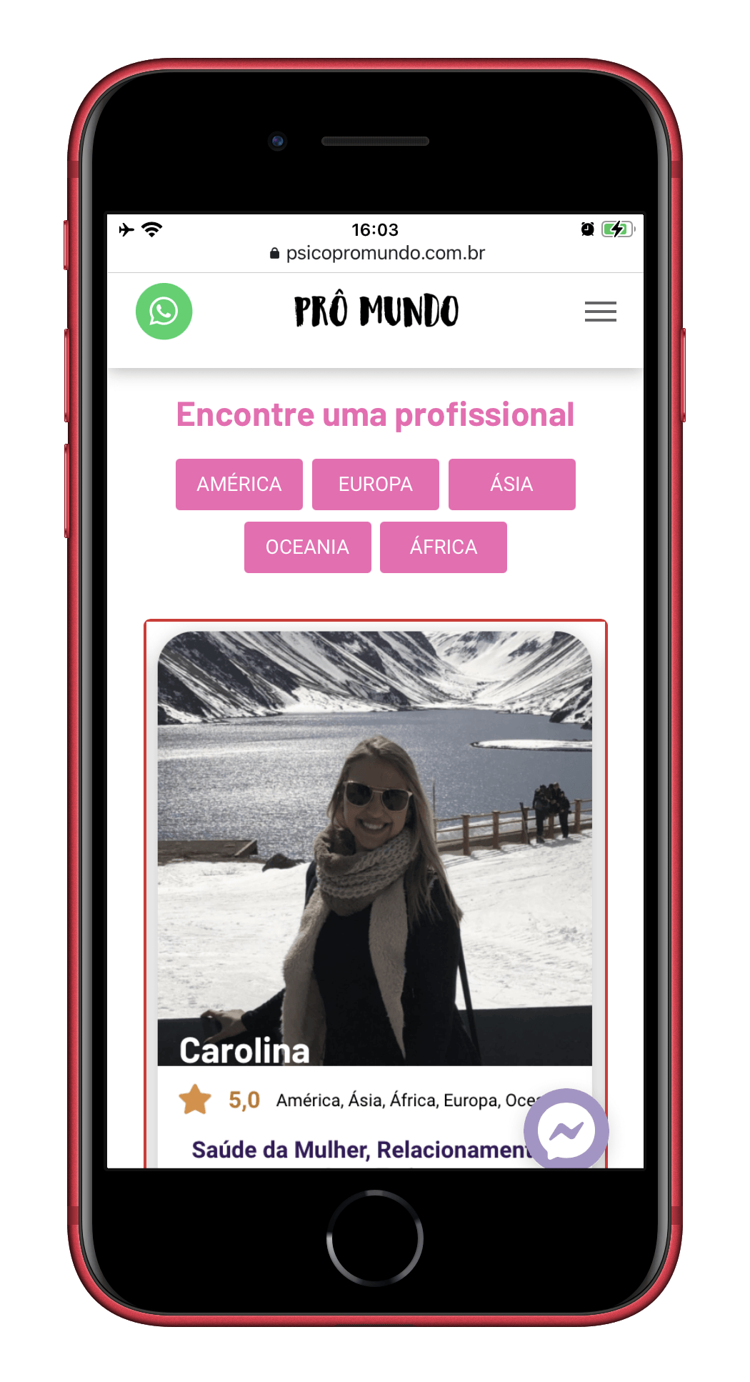 A red iphone with a picture of a woman on the screen.