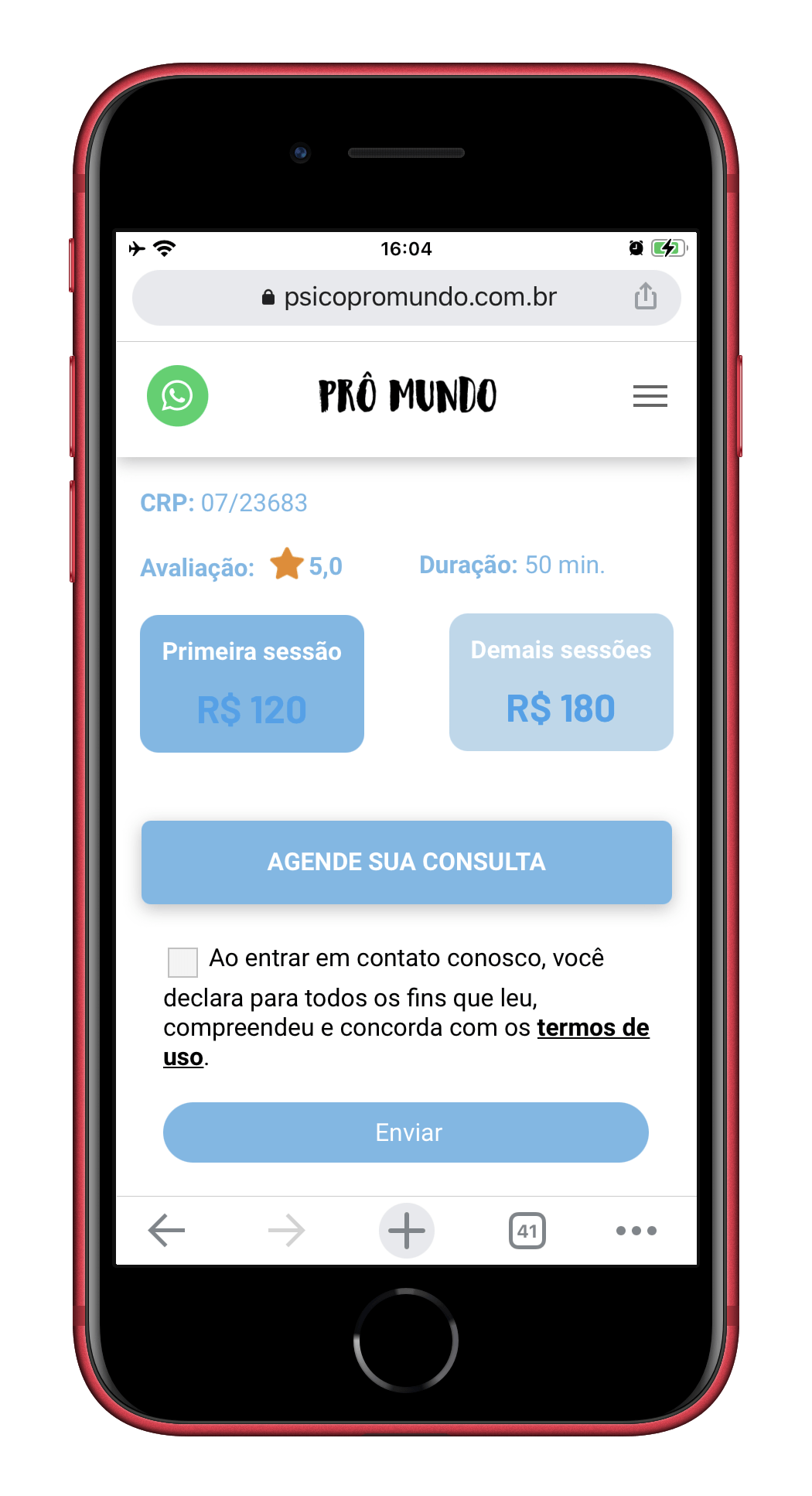 A red iphone is displaying a screenshot of a website.