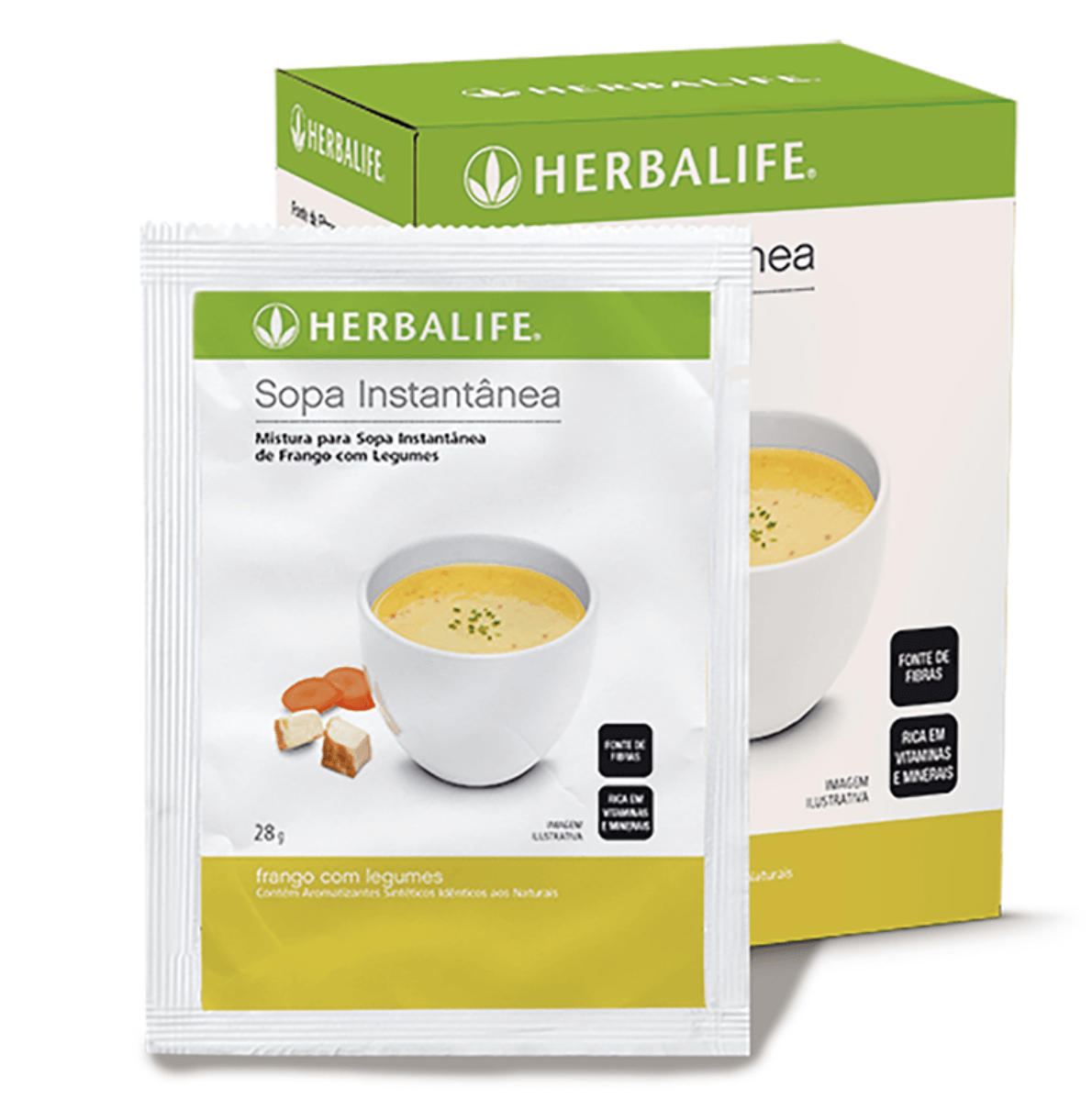 A packet of herbalife soup next to a box