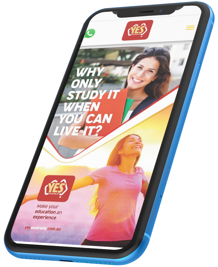 A blue cell phone with a why only study it when you can live it advertisement on the screen.