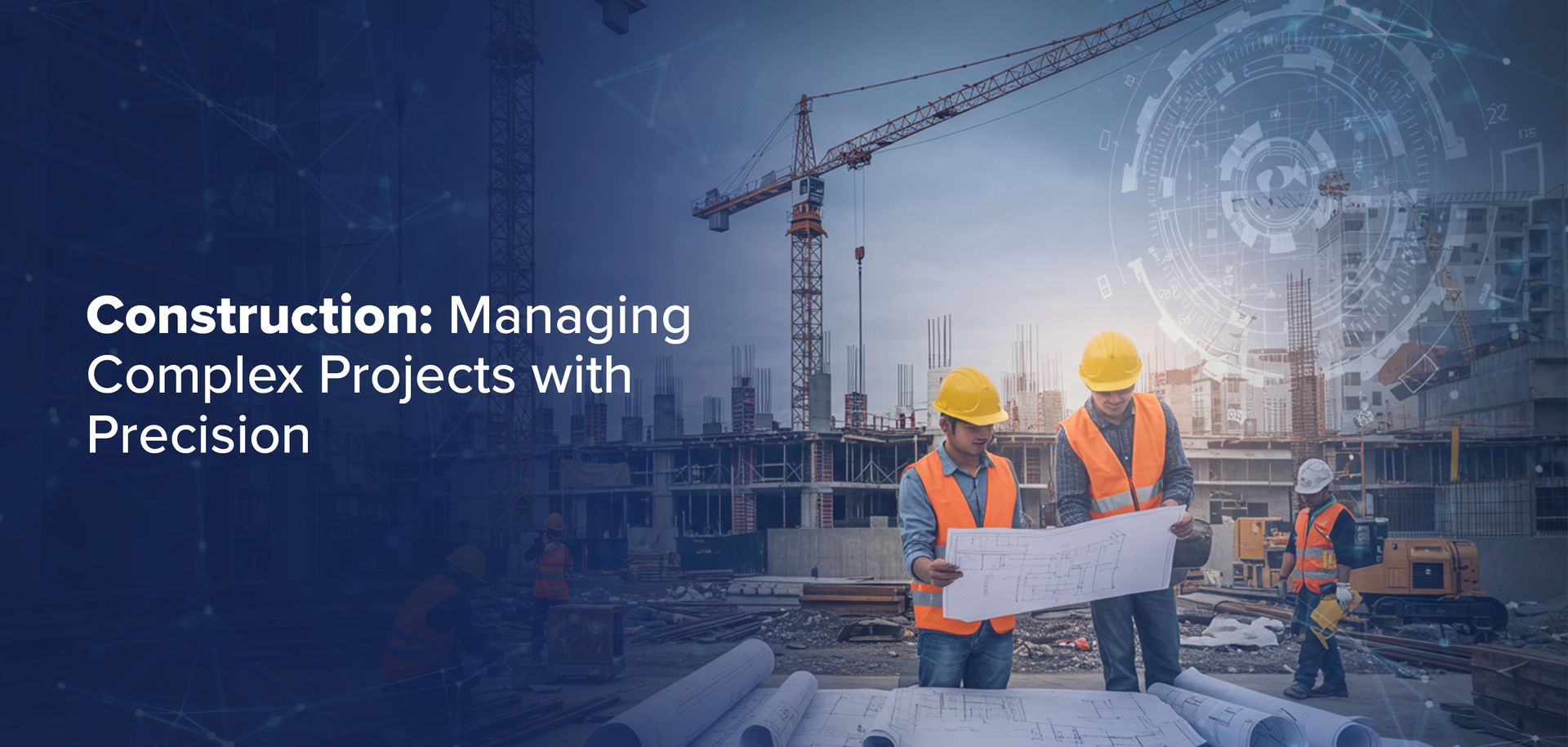 Construction site with cranes and project managers using ERP software for real-time tracking and coordination