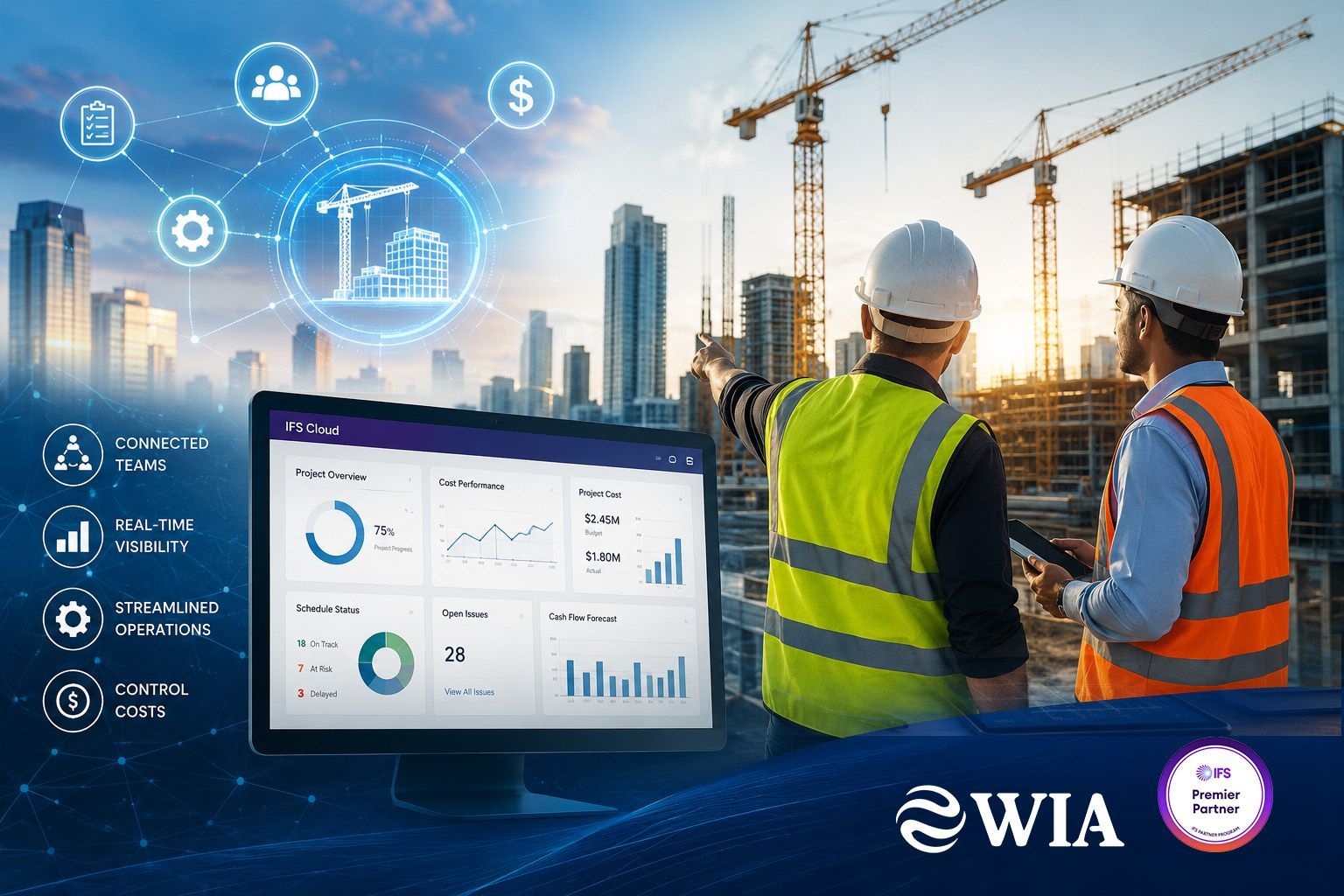 Construction project management software dashboard powered by IFS and WIA Systems