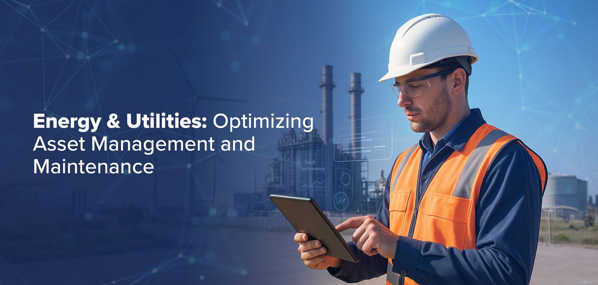 Utility worker monitoring smart grid operations with ERP dashboard for asset and maintenance optimization