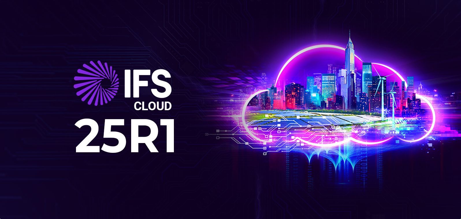 Illustration of Industrial AI and workflow automation powered by IFS Cloud 25R1, featuring smart scheduling, predictive maintenance, and AI-driven decision-making