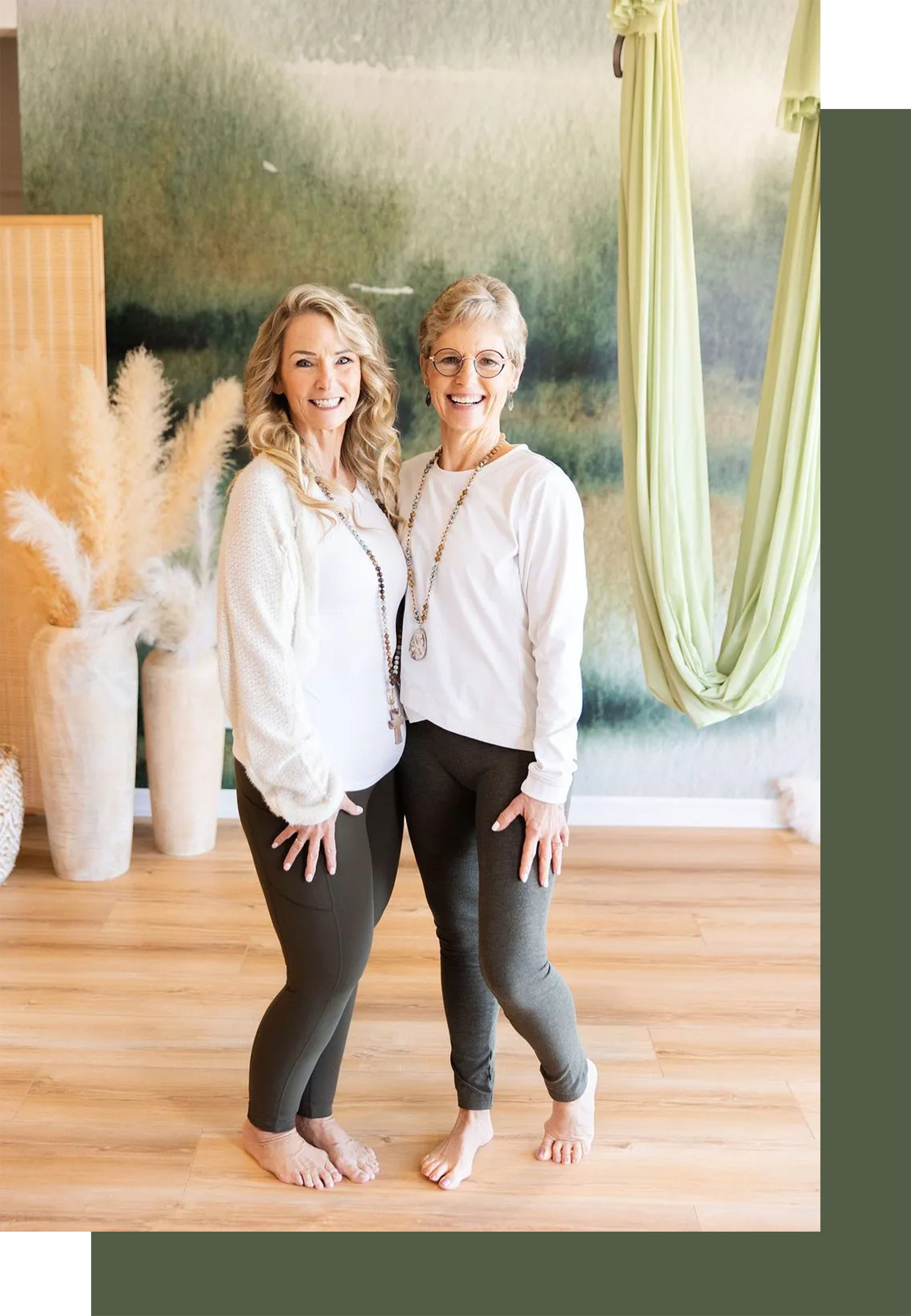 Two instructors at Worthy + Wyld Wellness, united in their mission to guide students in faith-based yoga and wellness.