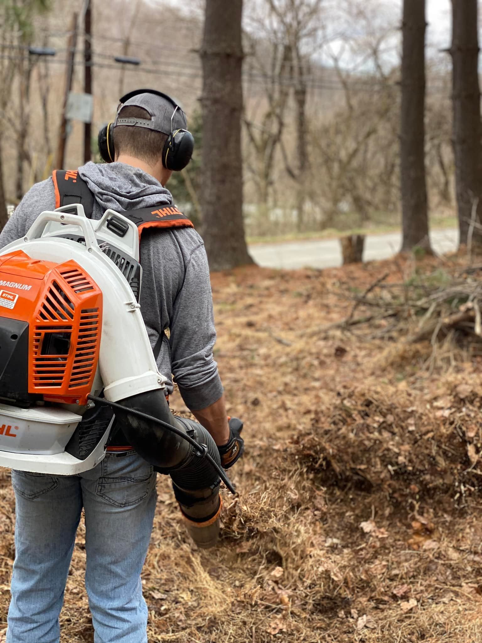 A person wearing protective earmuffs and a backpack leaf blower clears dry leaves in a wooded area.