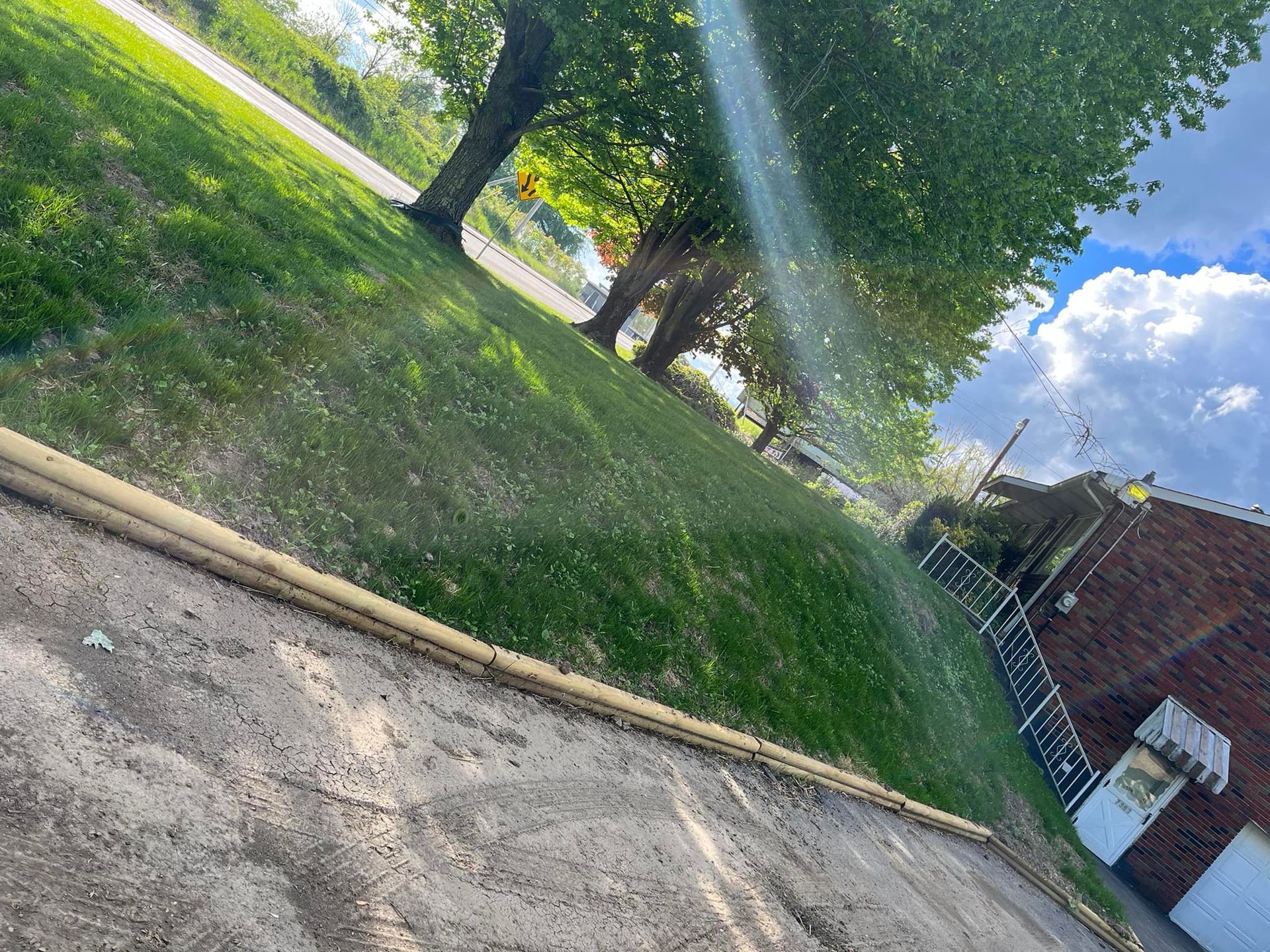 A sunny, green lawn slopes upward toward mature trees next to a brick building under a blue sky with fluffy white clouds.