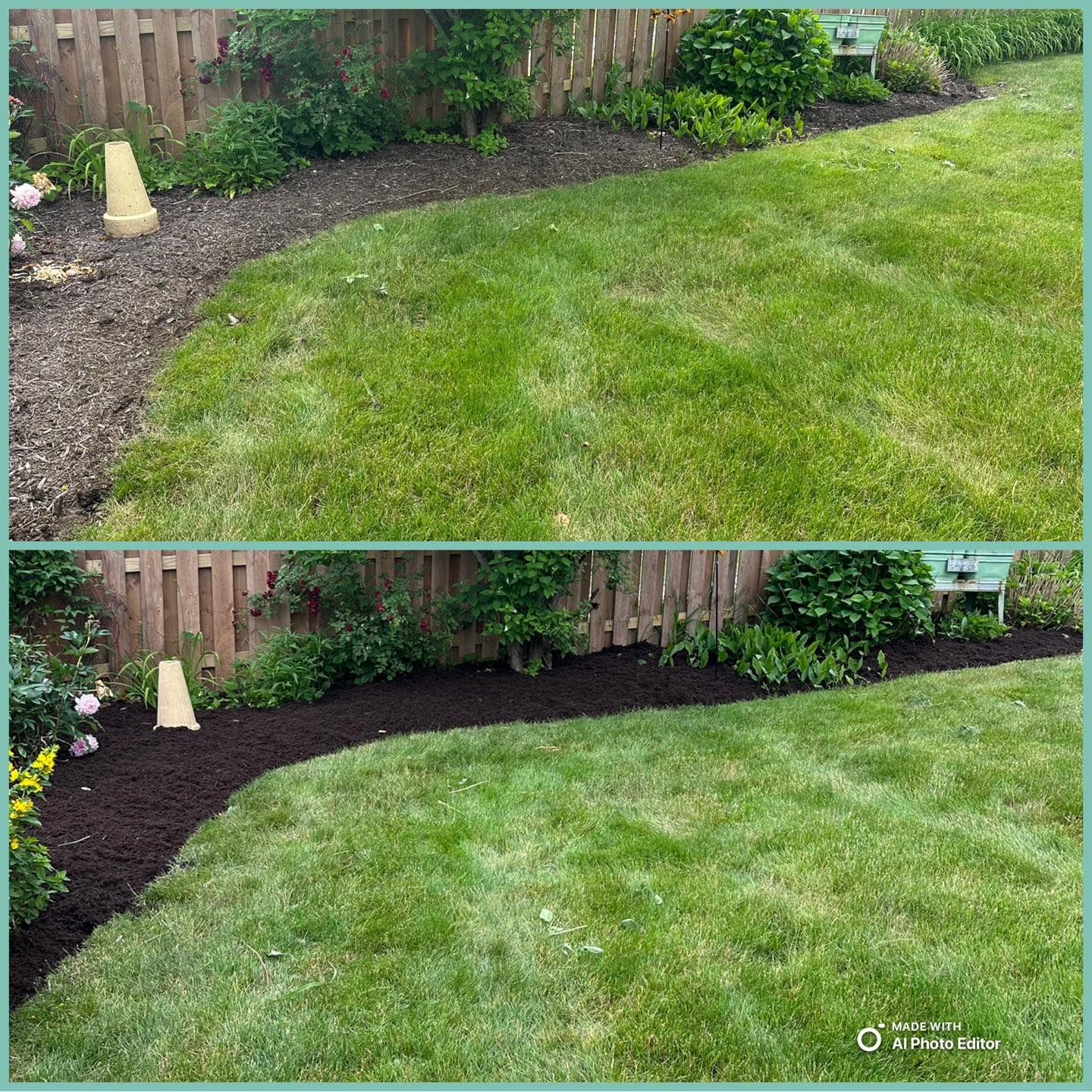 A before-and-after comparison of a garden bed showing freshly applied dark mulch bordering a grassy lawn.