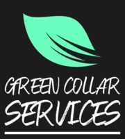 A mint green leaf icon above the text "GREEN COLLAR SERVICES" in a stylized white font on a black background.