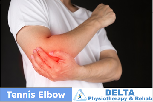 A man is holding his elbow in pain with the words tennis elbow on the bottom