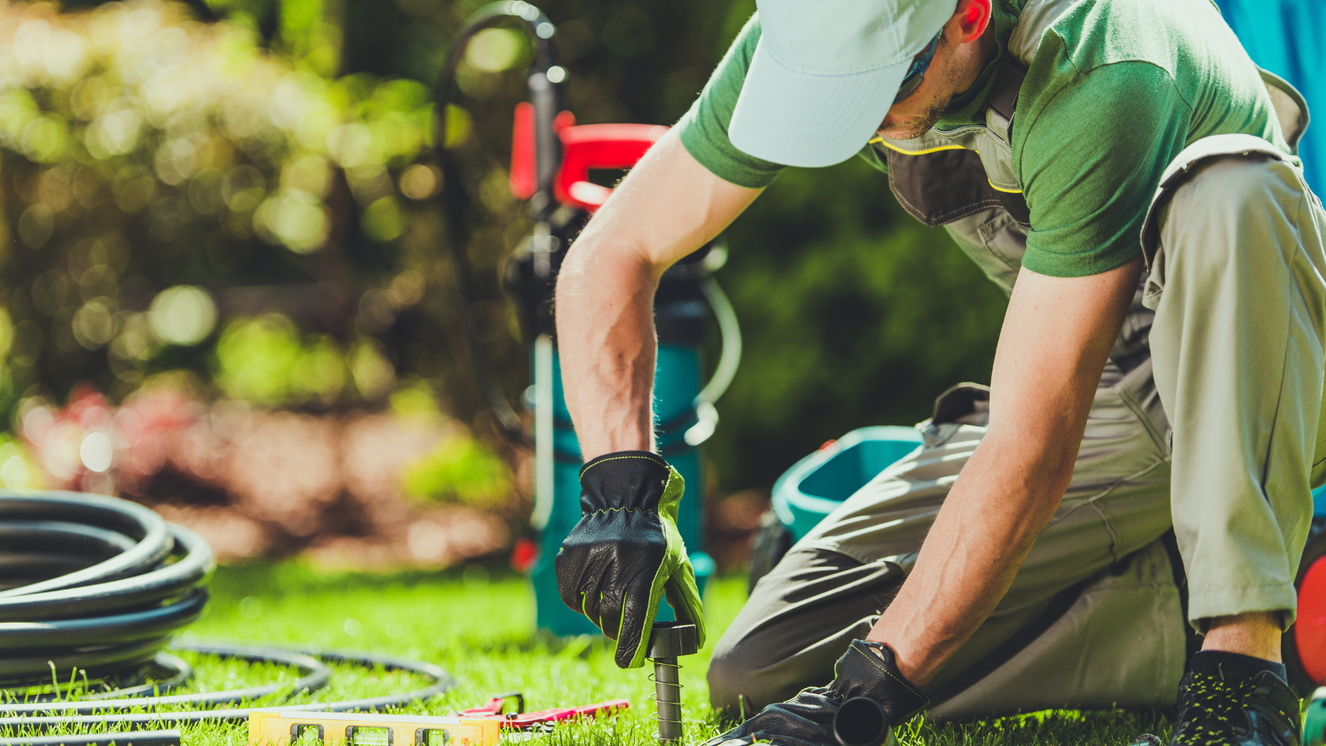 Man in cap and gloves working on irrigation system in a grassy yard.