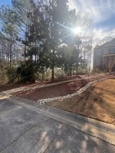 Flower bed with mulch, colorful flowers, and a stone border. Green bushes are on the left.