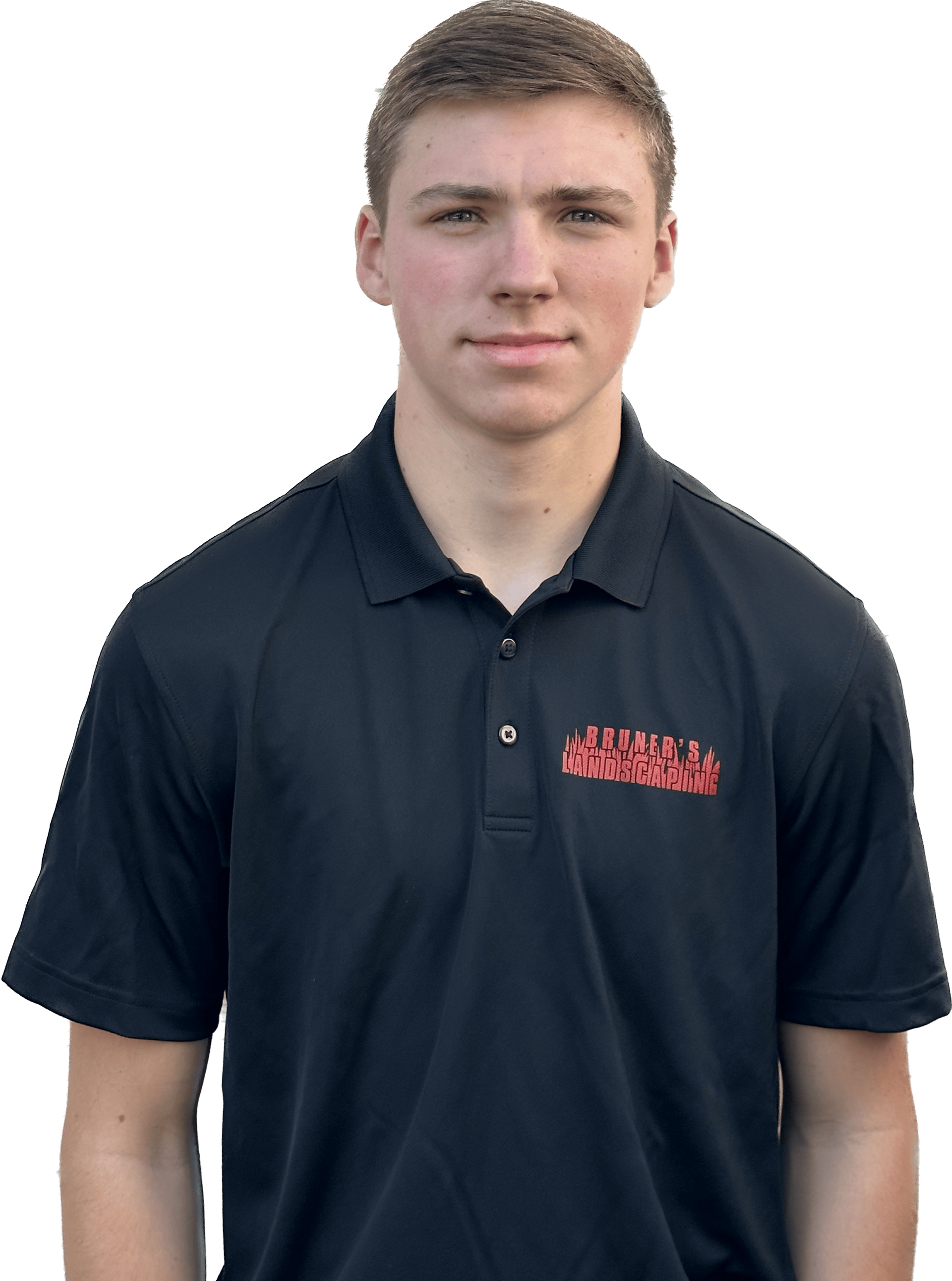 Young man in a black polo shirt, smiling slightly, with text on the shirt.