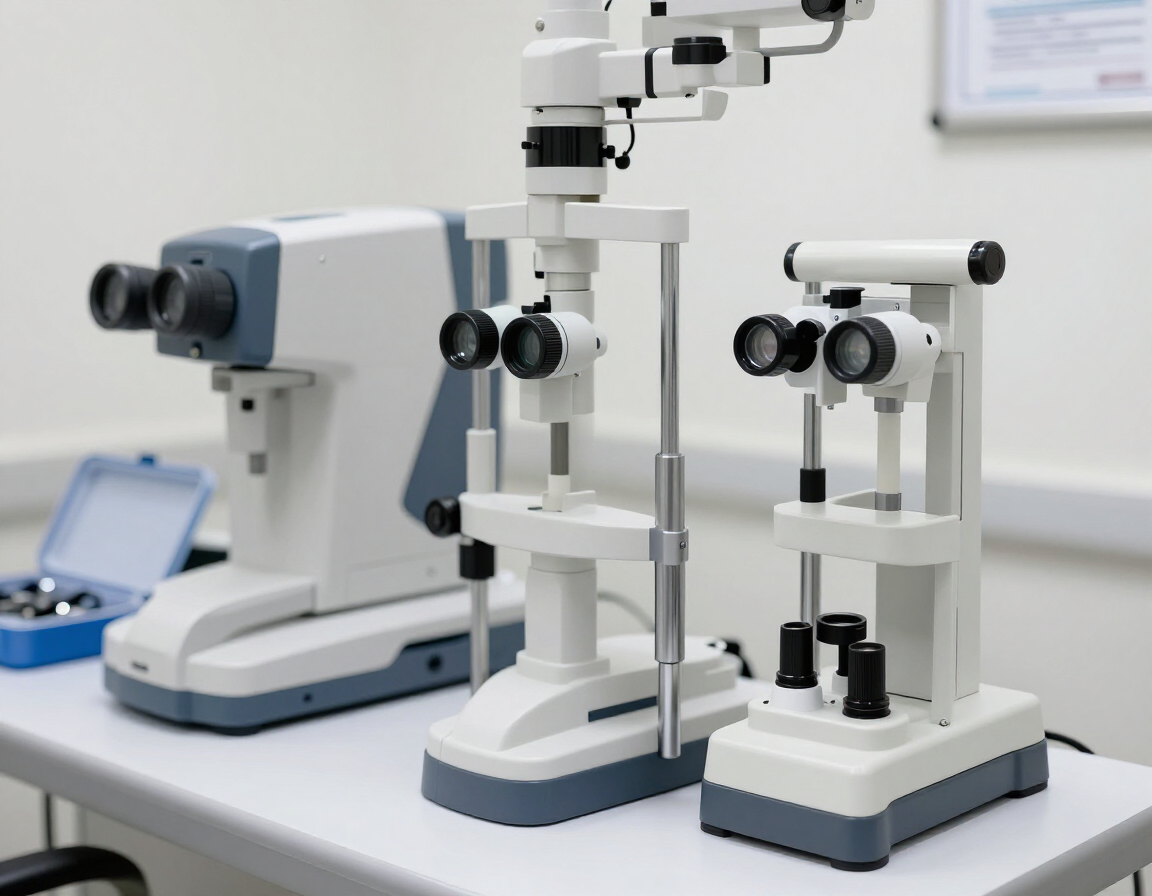In una sala clinica, una scrivania bianca con tre strumenti optometrici, tra cui una lampada a fessura e un autorefrattometro.