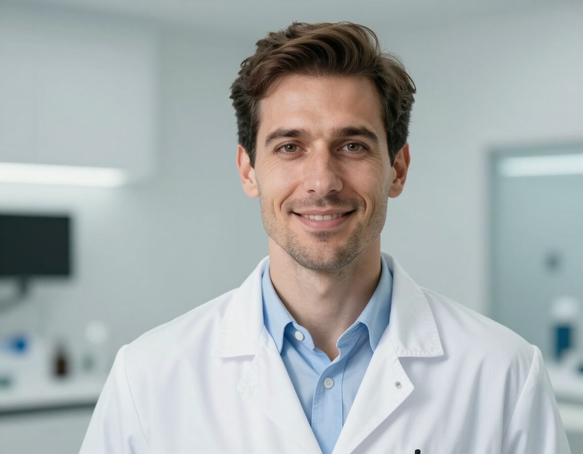 Un professionista sorridente in camice bianco è in piedi in un laboratorio luminoso e moderno.