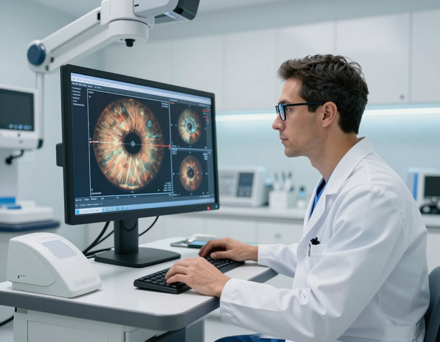 In un ambulatorio oculistico, un medico analizza una scansione dell'iride ad alta risoluzione su un monitor.