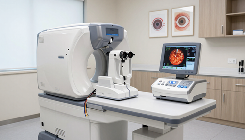 Apparecchiature per l'imaging oftalmico, tra cui uno scanner e uno schermo di monitoraggio, in un ambulatorio medico.