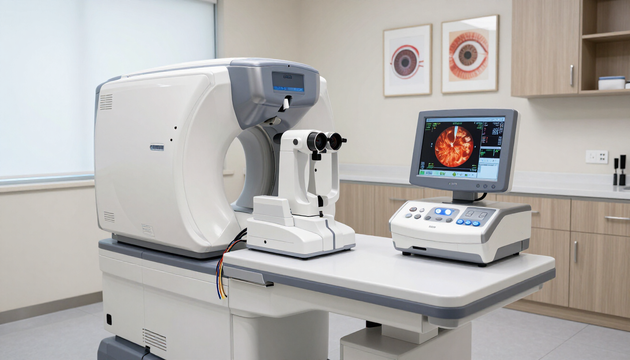 Apparecchiature per l'imaging oftalmico, tra cui uno scanner e uno schermo di monitoraggio, in un ambulatorio medico.