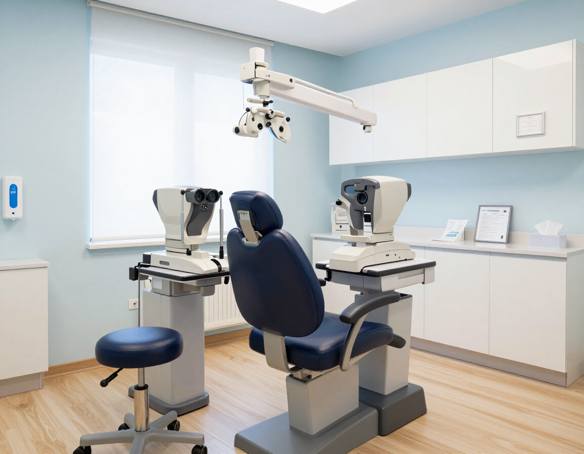 Una sala visite di un optometrista con una poltrona centrale blu scuro, due apparecchi per esami della vista, un microscopio a parete e una scrivania.