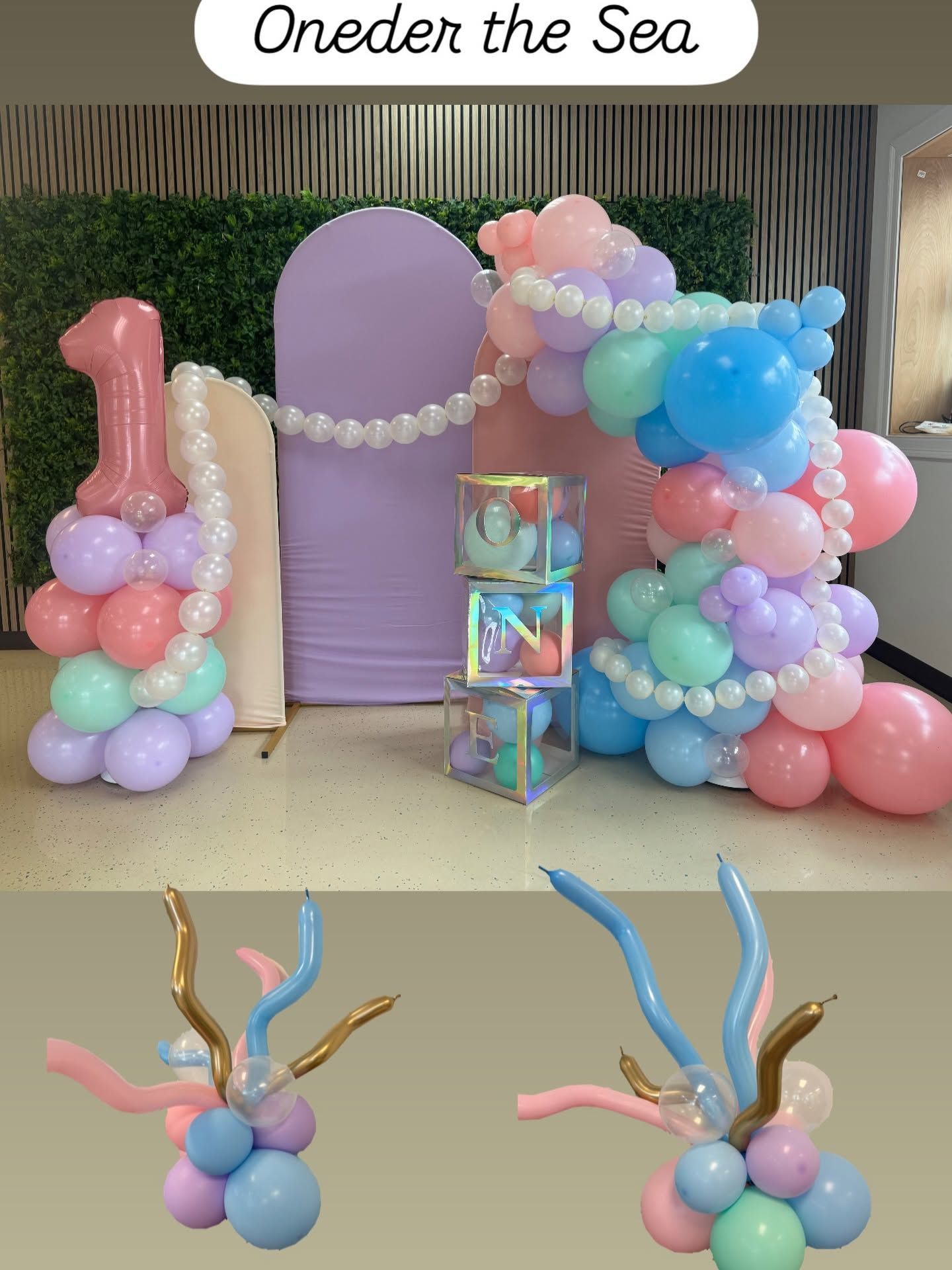 Pastel balloon arch framing a lavender door backdrop with “Under the Sea” sign and mermaid decor