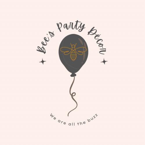 Dark balloon with bee graphic and &ldquo;Bee&rsquo;s Party Decor,&rdquo; plus &ldquo;We are all the buzz&rdquo; tagline on a pale background