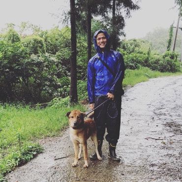 A man is walking a dog on a leash in the rain.