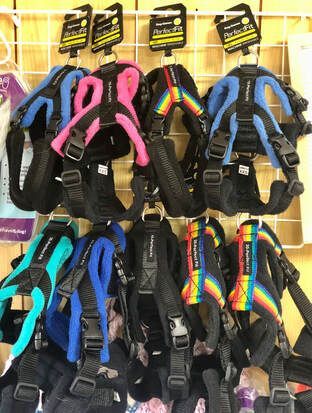 A bunch of dog harnesses are hanging on a wall.