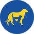 A yellow dog is standing in a blue circle.