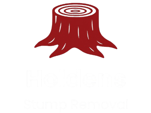 Red tree stump with white text below.