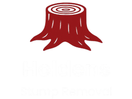 Red tree stump with white text below.