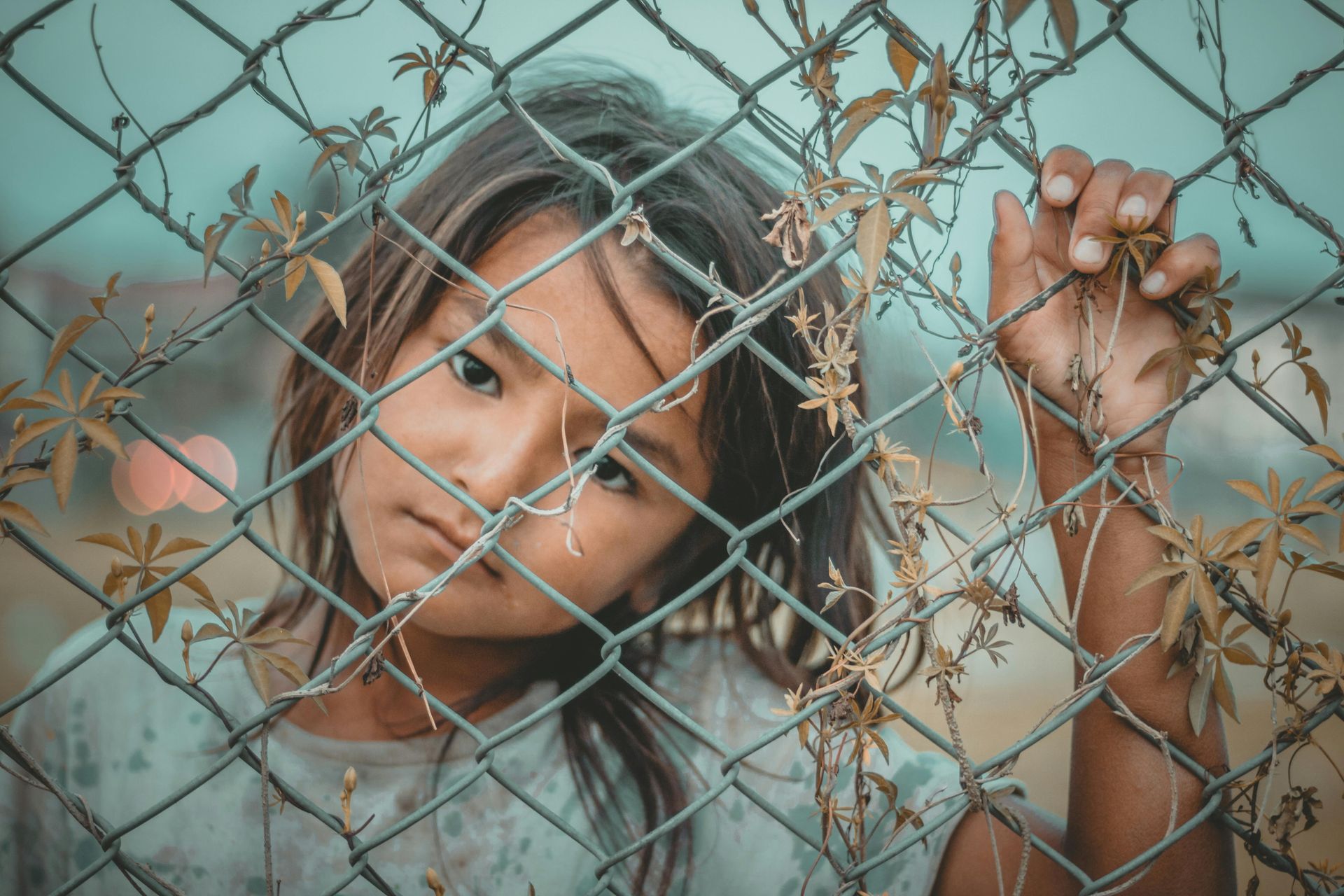 A young girl is looking through a chain link fence.