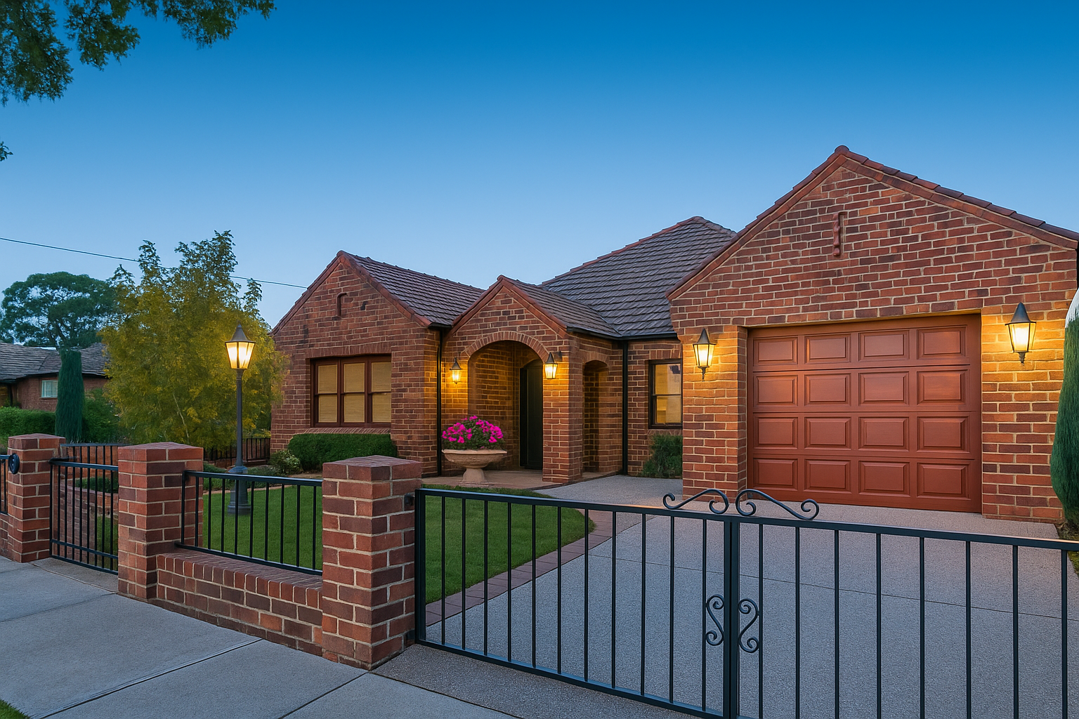 Brick house with a red-tiled roof, a gated entrance, and a garage door.