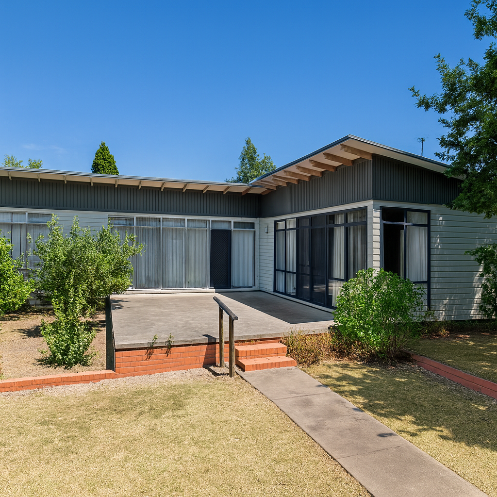 A one-story house with a porch and a walkway on a sunny day.