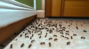 A bunch of ants are crawling on the ground.