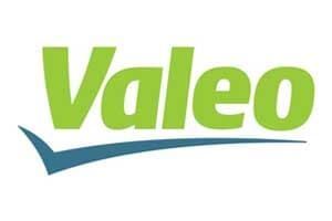Un logotipo de Valeo verde y azul sobre un fondo blanco.