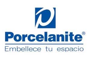 El logotipo de Porcelanite Embellece Tu Espacio es azul y blanco.