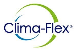 Un logotipo azul y verde para clima-flex sobre un fondo blanco.