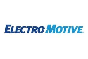 El logotipo de Electro Motive es azul y blanco sobre un fondo blanco.