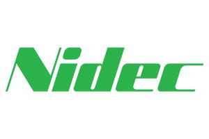 El logotipo de Nidec es verde y blanco sobre un fondo blanco.