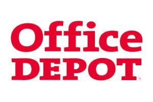 El logotipo de Office Depot es rojo sobre un fondo blanco.