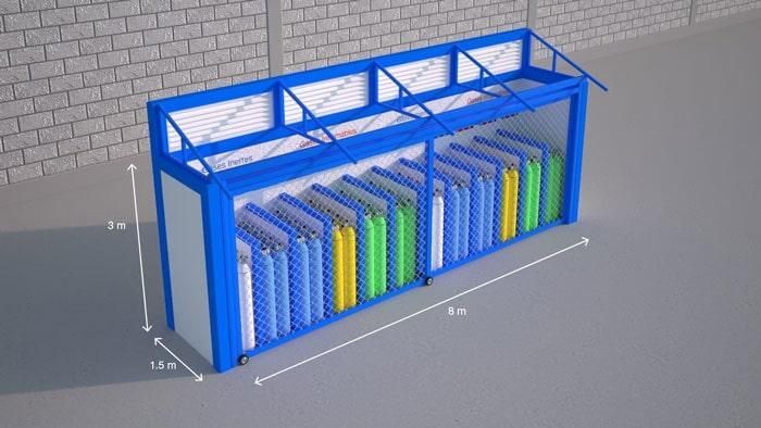 Un contenedor azul y blanco con una pared de ladrillos en el fondo.