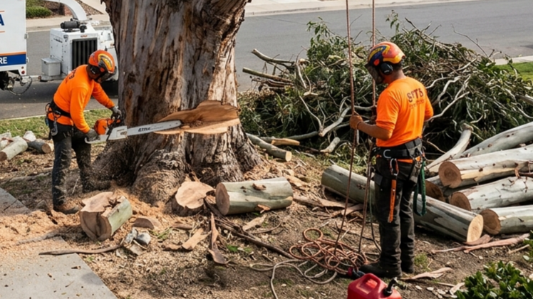 Homeowner watching tree removal service cut large trunk
