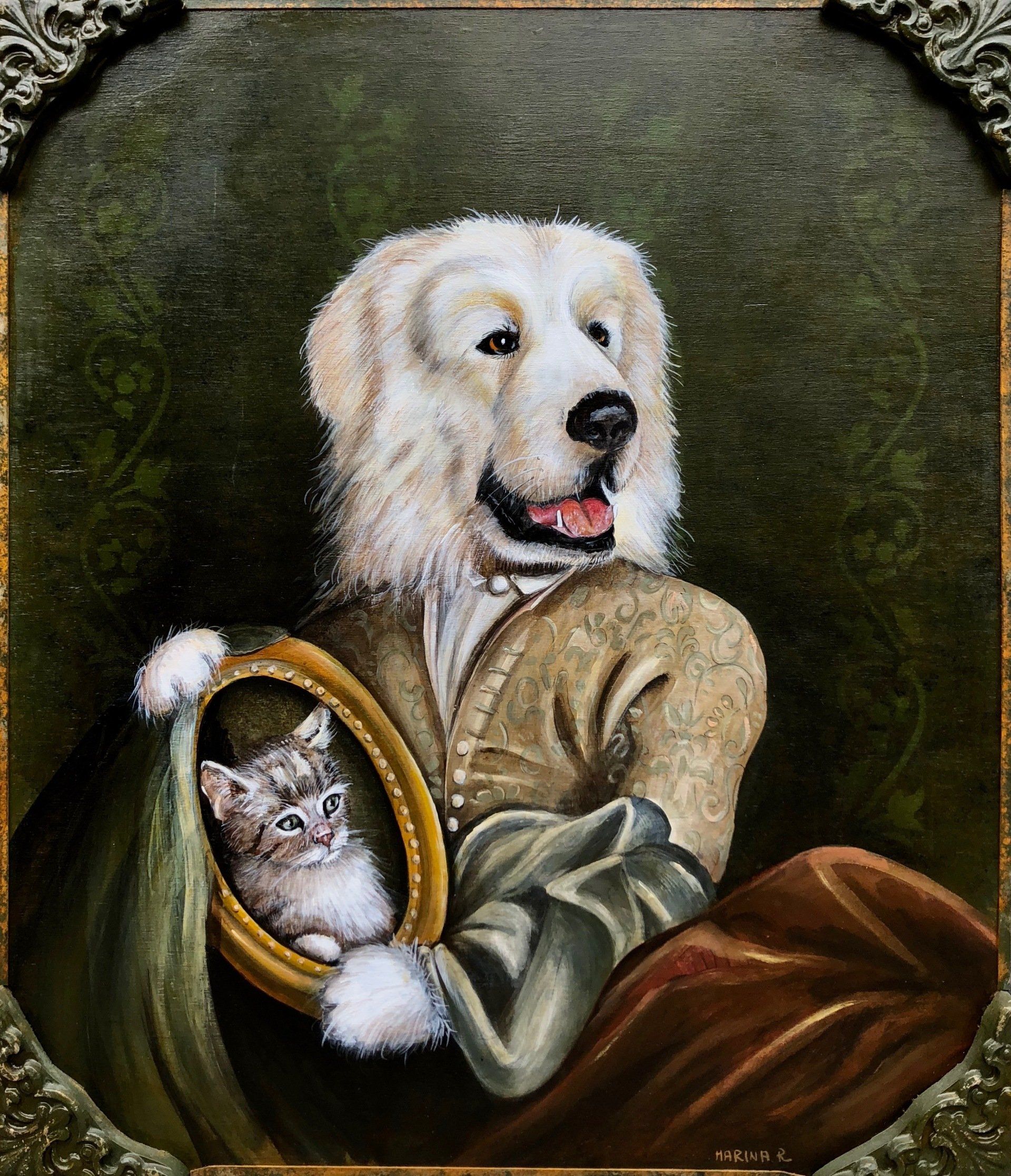 animali, cani, gatti, cavalli,  quadri, ritratti, dipinti, su misura, animali vestiti, oggetti, arredi, uova dipeinte, piatti, decorazioni, trompe, fiori, stencil, decoupage, carta, colla, matita, pennello, olio su tela , riviste, pubblicazioni, eventi, Marina Rigolone, artista, pittrice, decoratrice,