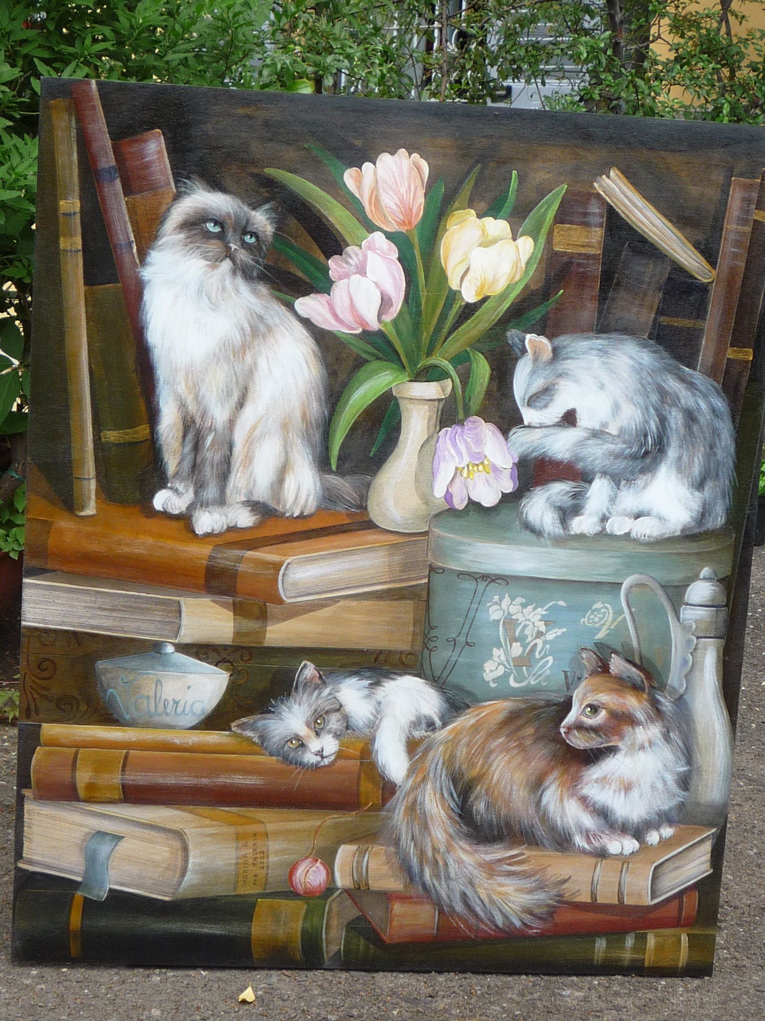 animali, cani, gatti, cavalli,  quadri, ritratti, dipinti, su misura, animali vestiti, oggetti, arredi, uova dipeinte, piatti, decorazioni, trompe, fiori, stencil, decoupage, carta, colla, matita, pennello, olio su tela , riviste, pubblicazioni, eventi, Marina Rigolone, artista, pittrice, decoratrice,