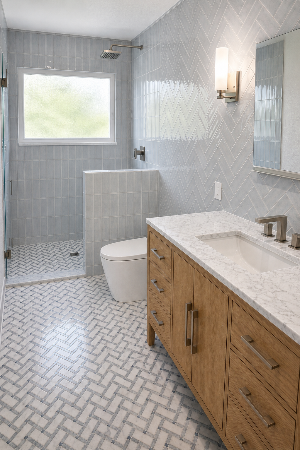 Bright modern bathroom with tiled shower, toilet, wood vanity, and large mirror