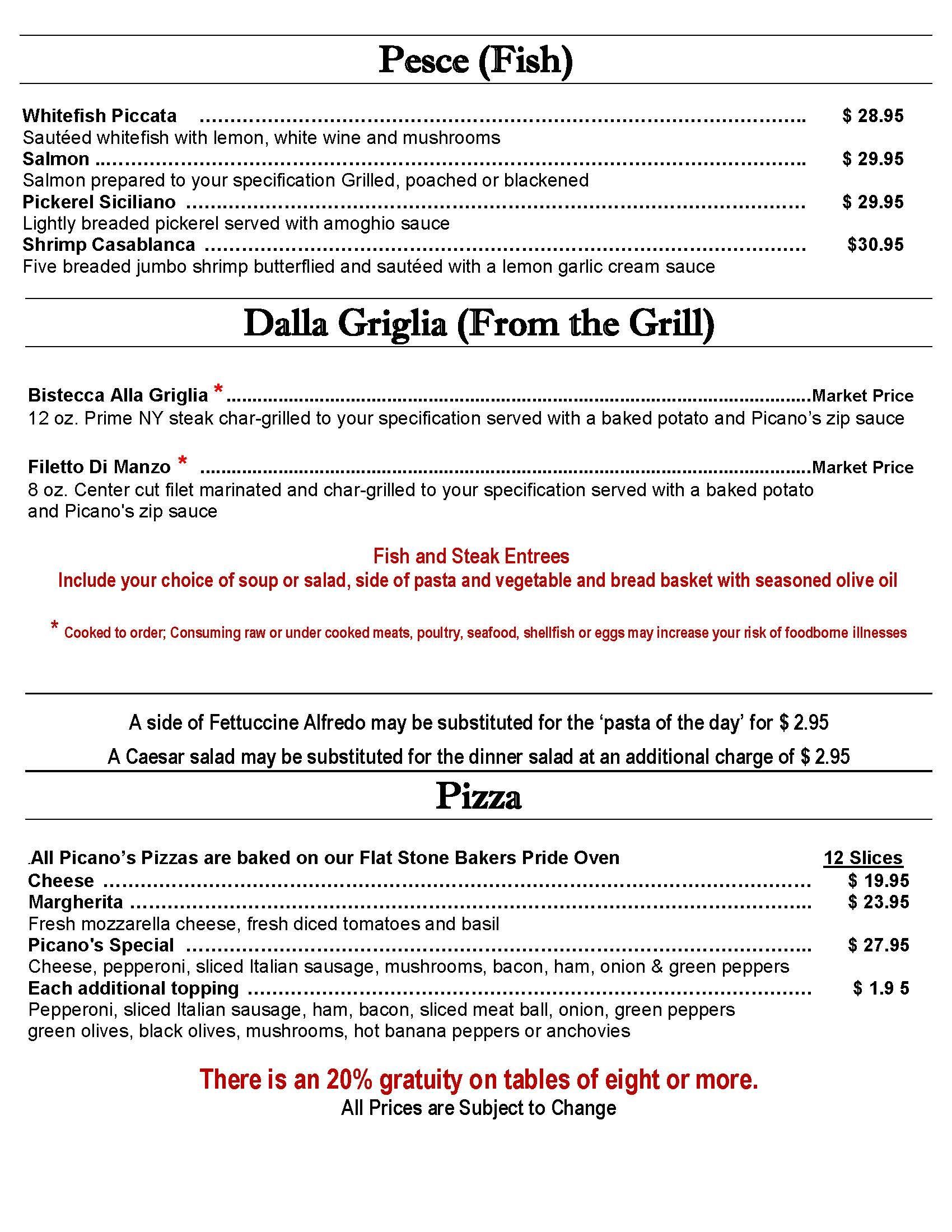 Picano's 2023 Menu - Troy, MI - Picano's Italian Grille