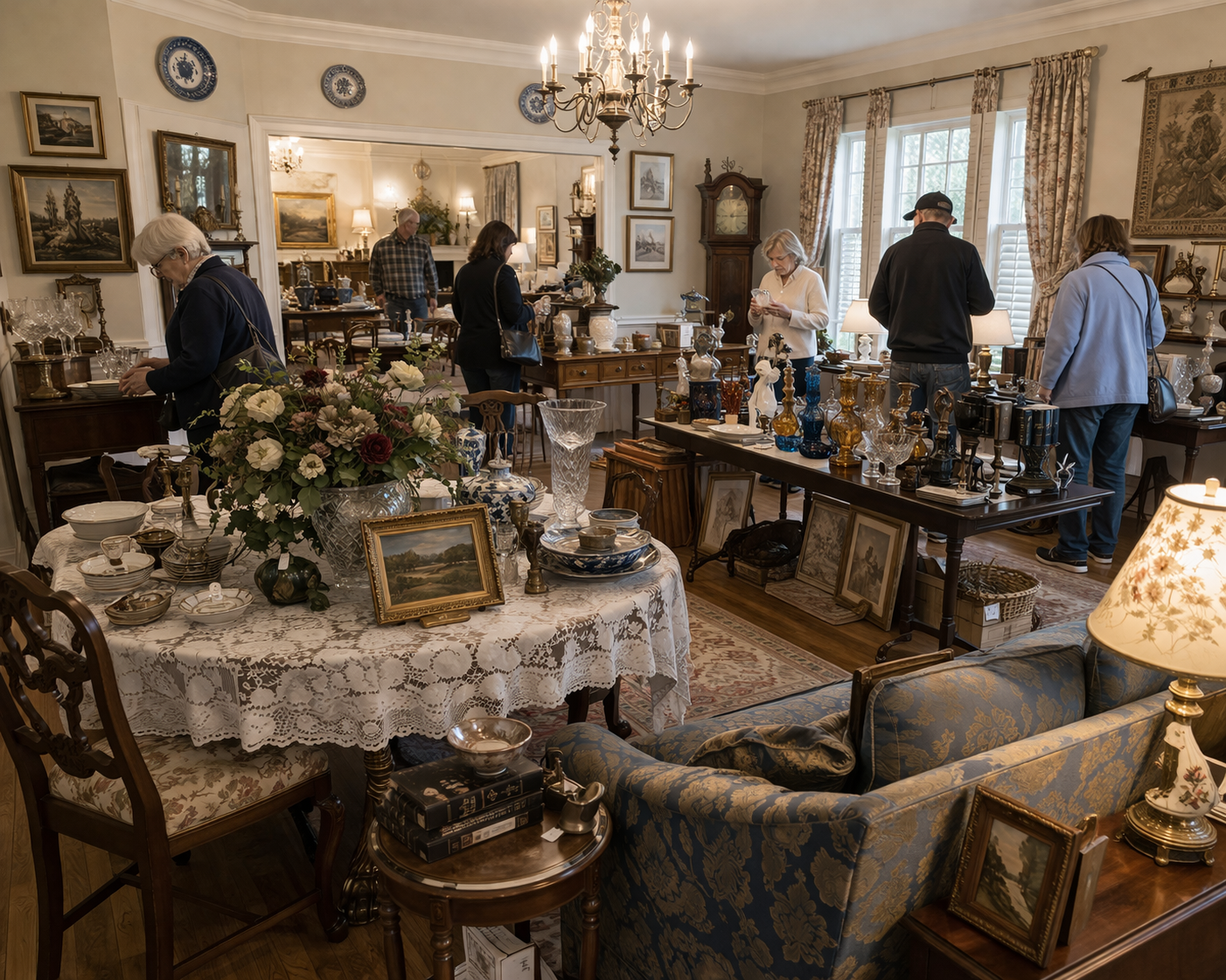 Several people browse antiques, decor, and fine china items arranged on tables in a furnished living room.